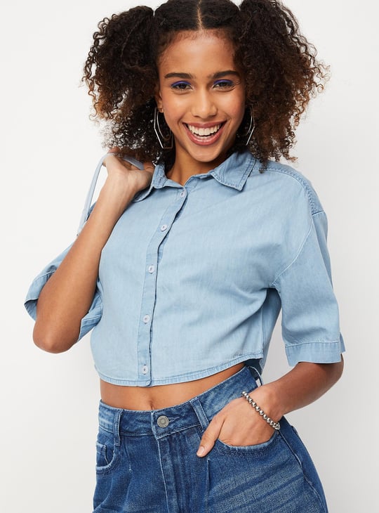 Women Solid Cropped Denim Shirt