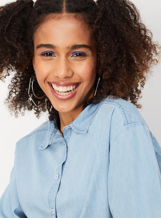 Women Solid Cropped Denim Shirt