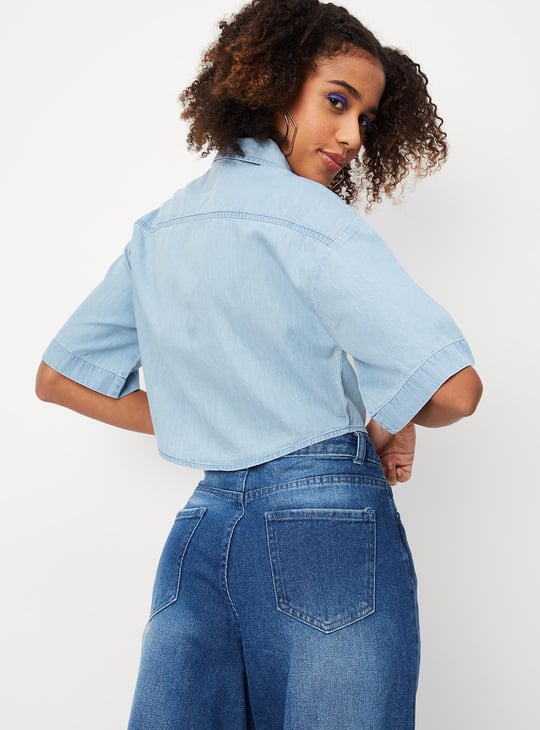 Women Solid Cropped Denim Shirt
