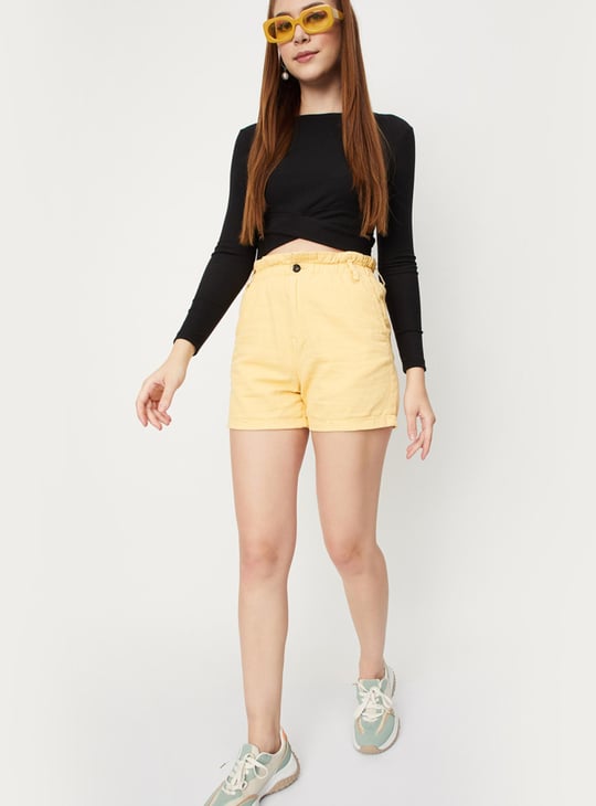 Women Solid Paperbag Waist Shorts
