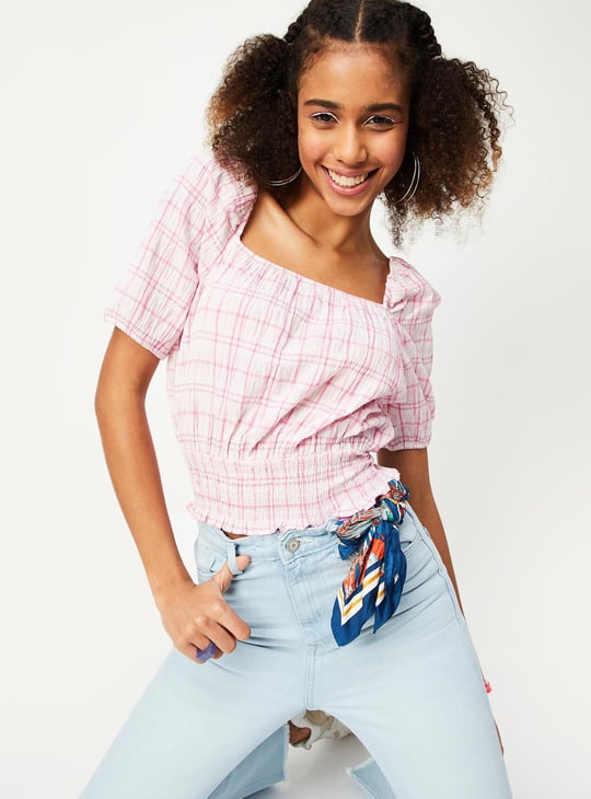 Women Checked Smocked Crop Top