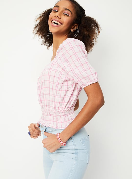 Women Checked Smocked Crop Top