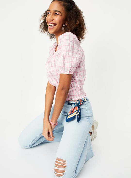 Women Checked Smocked Crop Top