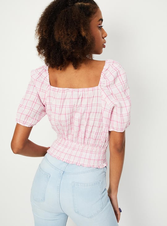 Women Checked Smocked Crop Top