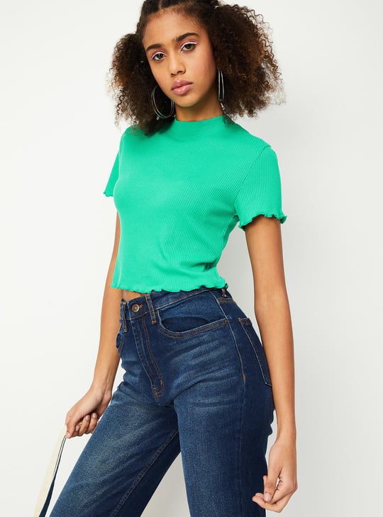 Women Slim Rib Crop Top with Lettuce Edge