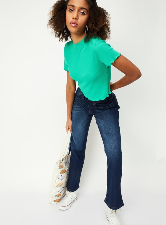 Women Slim Rib Crop Top with Lettuce Edge