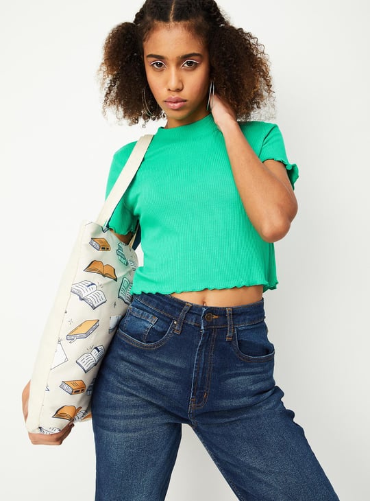 Women Slim Rib Crop Top with Lettuce Edge
