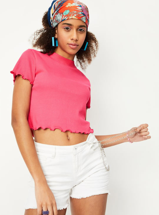 Women Slim Rib Crop Top with Lettuce Edge