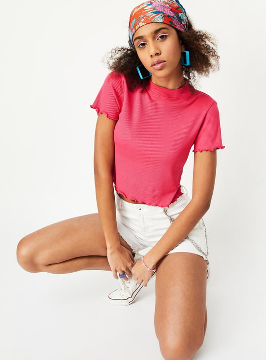 Women Slim Rib Crop Top with Lettuce Edge