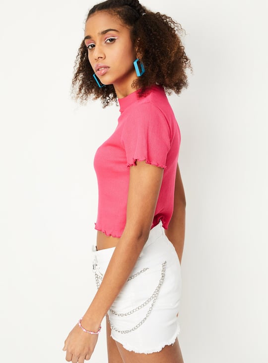 Women Slim Rib Crop Top with Lettuce Edge