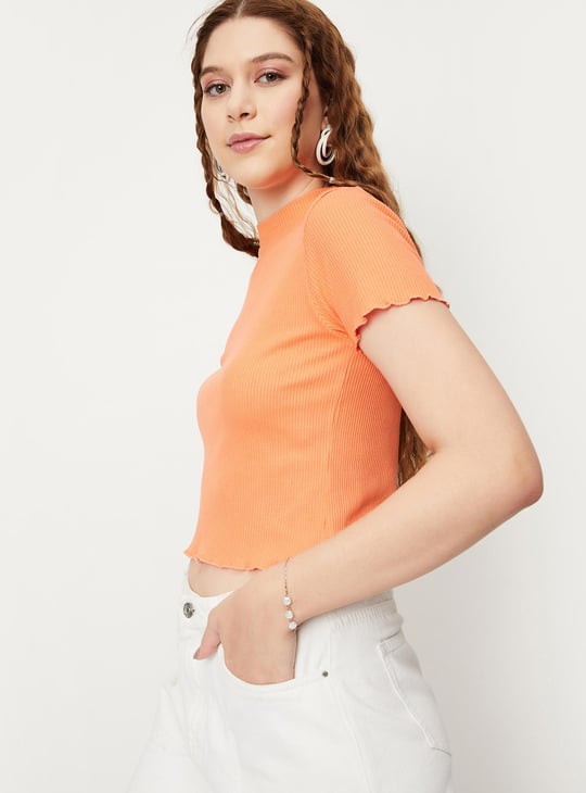 Women Rib Knit Lettuce Edge Top