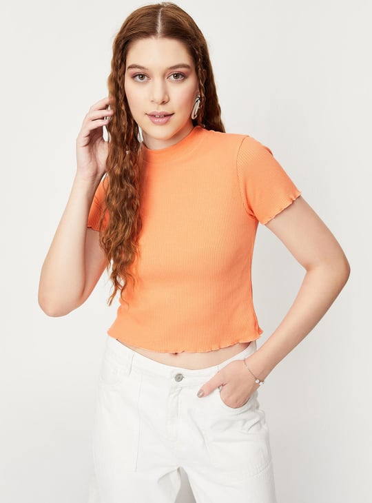 Women Rib Knit Lettuce Edge Top