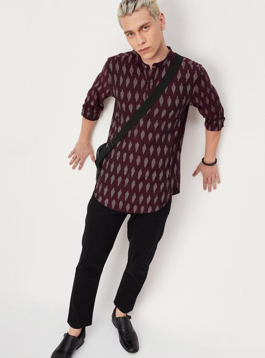 Men Yarn Dyed Ikat Short Kurta | Burgundy | Printed Men Yarn Dyed Ikat Short Kurta | Burgundy | Printed