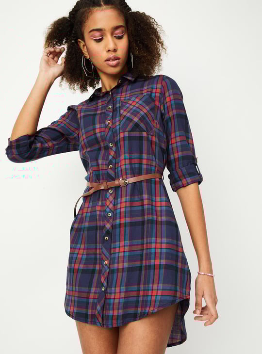 Women Checked Yarn Dyed Belted Tunic