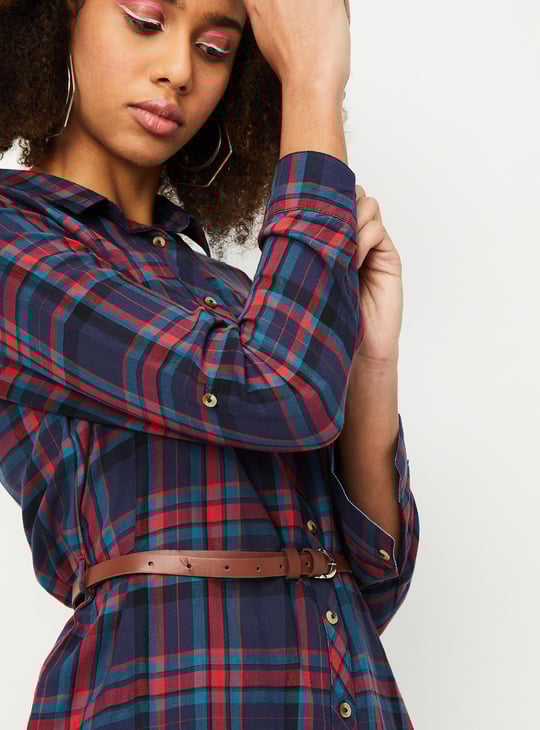 Women Checked Yarn Dyed Belted Tunic