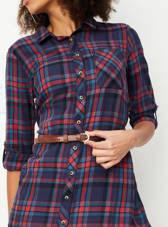 Women Checked Yarn Dyed Belted Tunic
