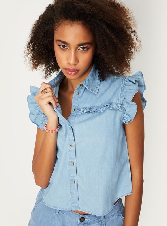 Women Ruffled Denim Shirt