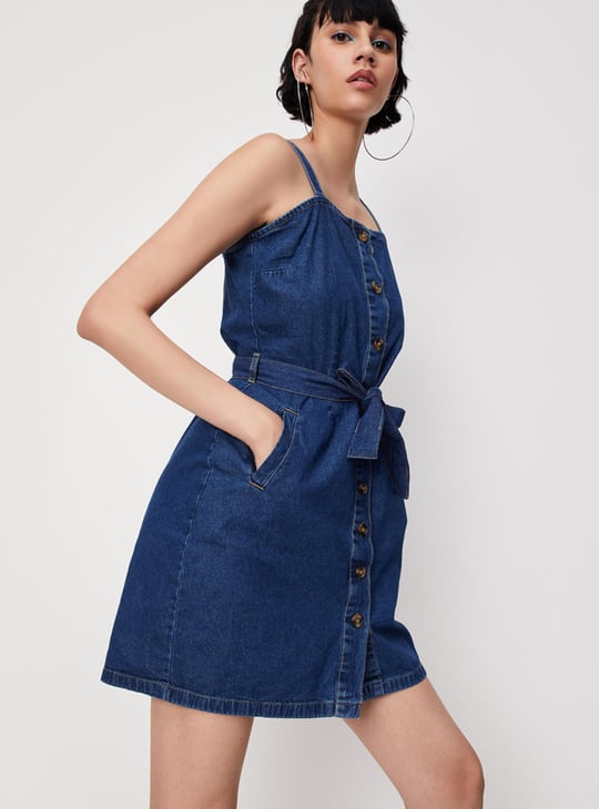 Women Solid Denim Shirt Dress