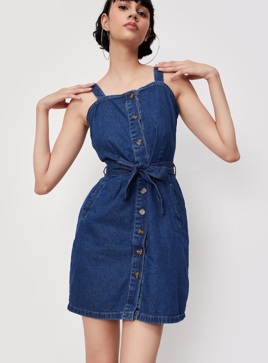 Women Solid Denim Shirt Dress