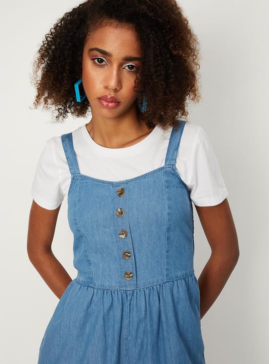 Women Solid Denim Jumpsuit with T-shirt