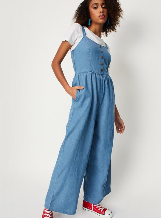 Women Solid Denim Jumpsuit with T-shirt