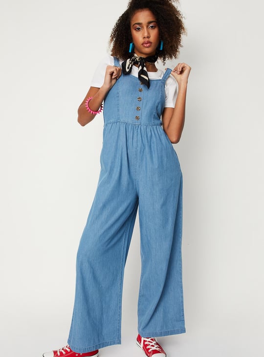 Women Solid Denim Jumpsuit with T-shirt