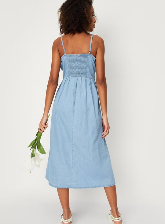 Women Solid Strappy Denim Dress Blue Solid