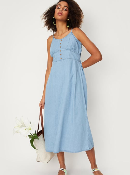 Women Solid Strappy Denim Dress
