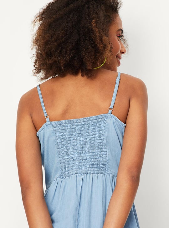 Women Solid Strappy Denim Dress