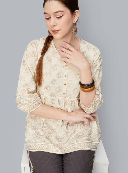 Women Printed V-neck Tunic Beige Printed