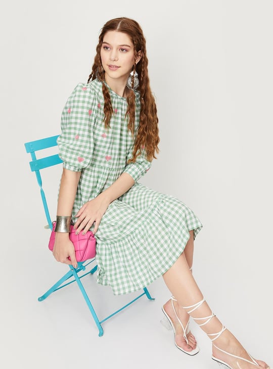 Women Checked Yarn Dyed Tiered Dress