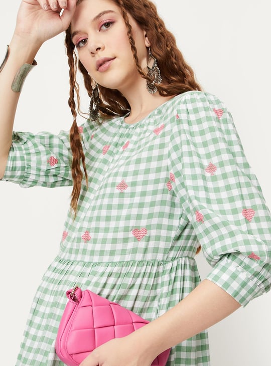 Women Checked Yarn Dyed Tiered Dress