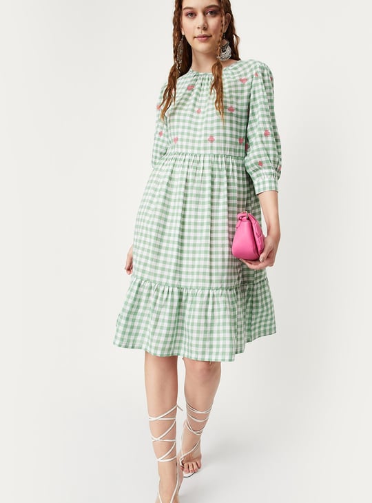 Women Checked Yarn Dyed Tiered Dress