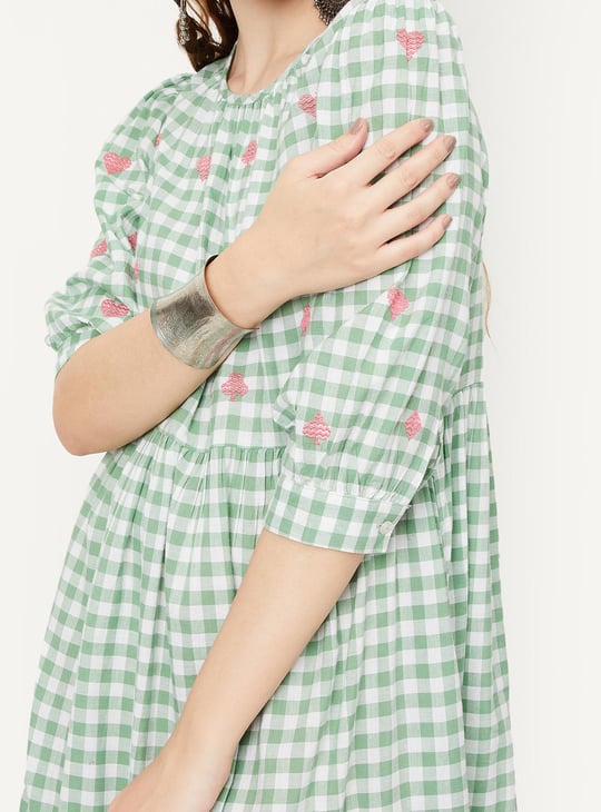 Women Checked Yarn Dyed Tiered Dress