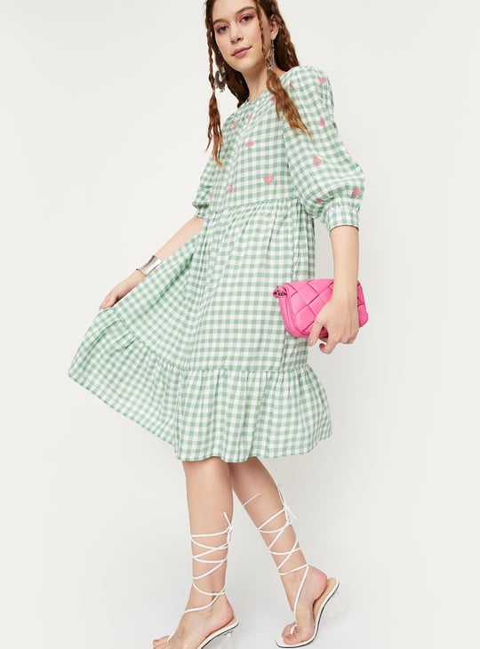 Women Checked Yarn Dyed Tiered Dress