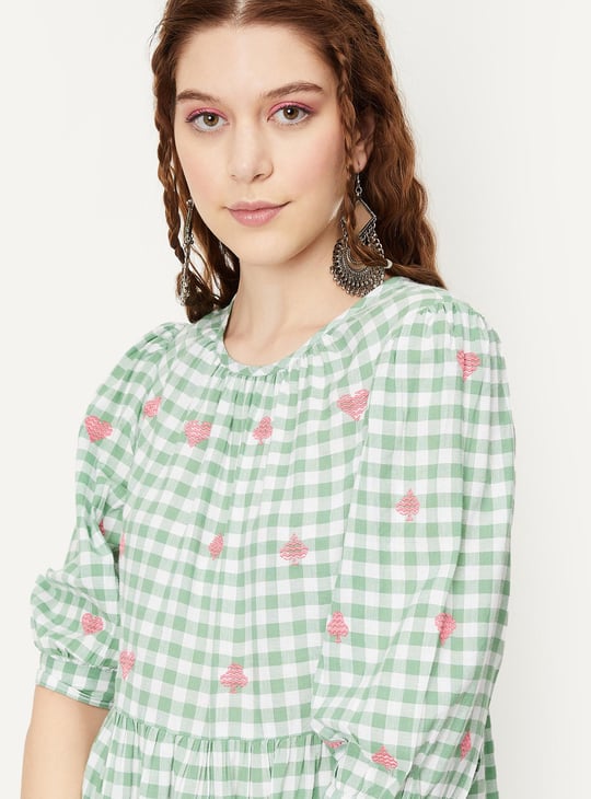 Women Checked Yarn Dyed Tiered Dress