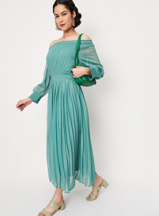 Women Pleated Off-Shoulder Maxi Dress