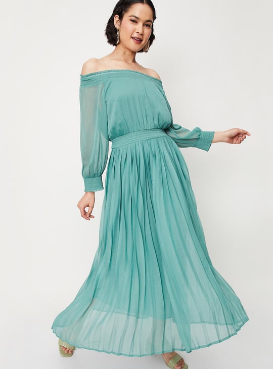 Women Pleated Off-Shoulder Maxi Dress
