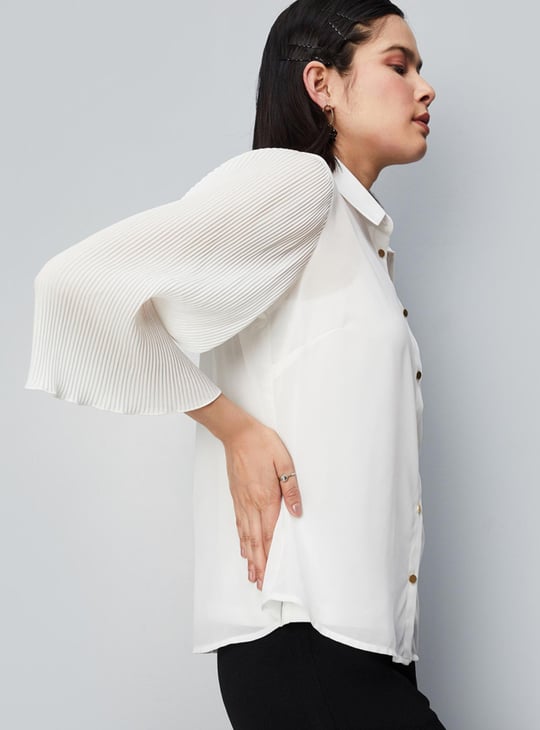 Women Solid Blouse with Pleated Sleeves