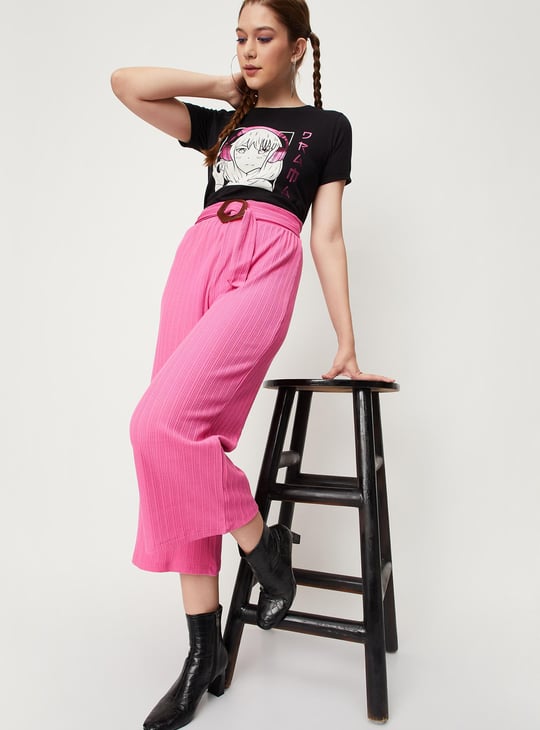 Women Textured Belted Flared Culottes