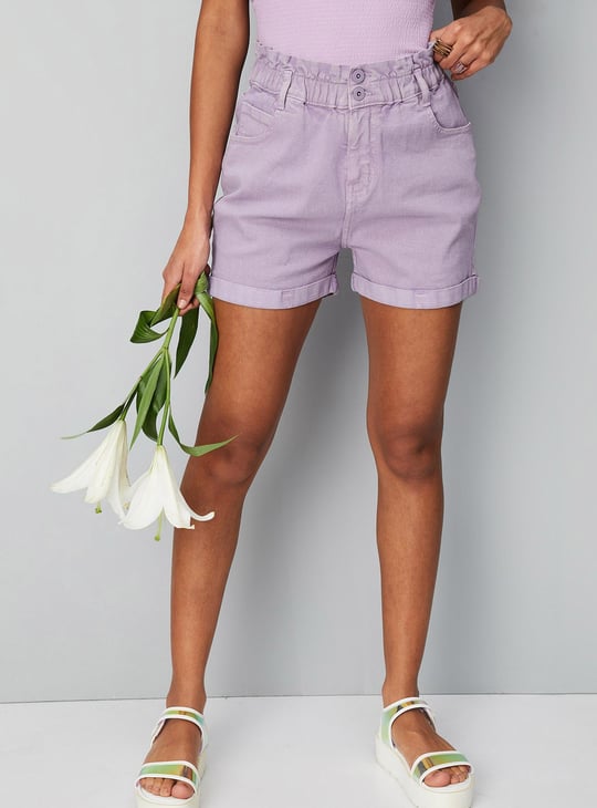 Women Solid High-Waist Denim Shorts