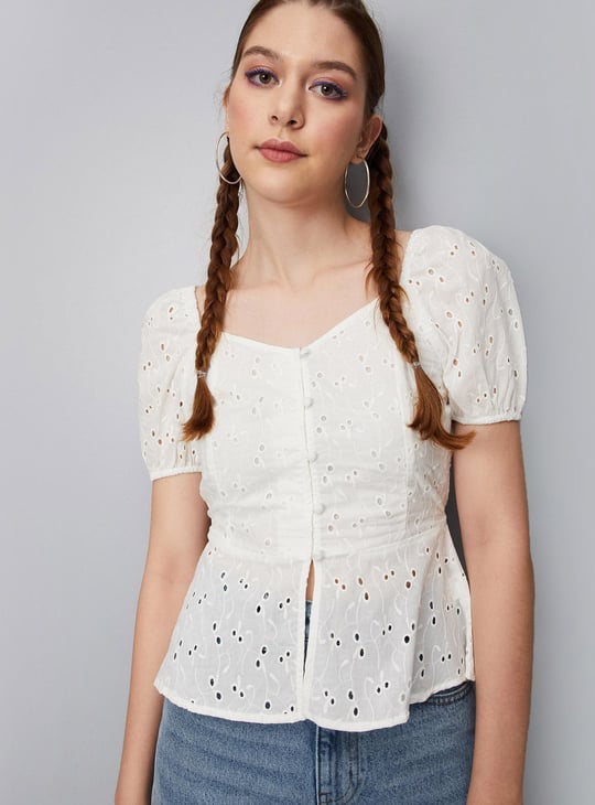 Women Schiffli Woven Peplum Blouse