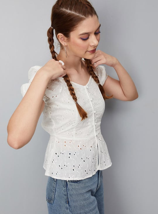 Women Schiffli Woven Peplum Blouse
