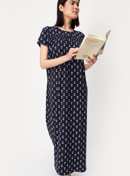 Women Printed Smocked Yoke Nightgown