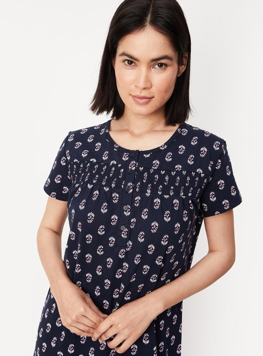 Women Printed Smocked Yoke Nightgown