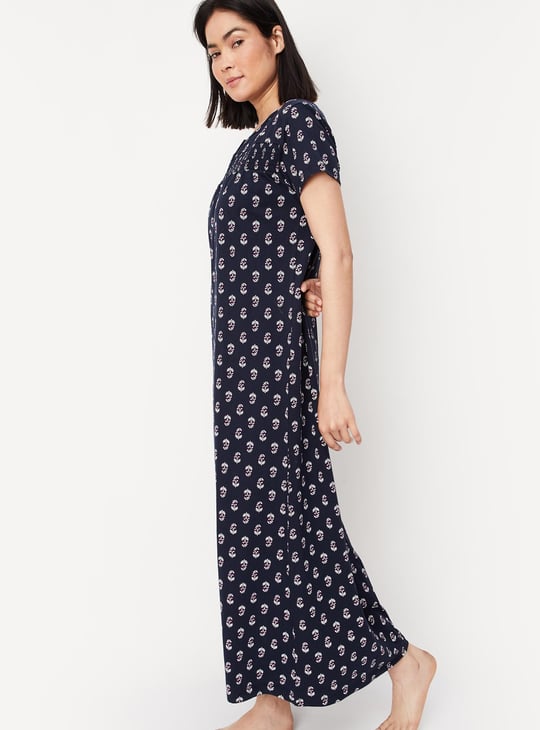 Women Printed Smocked Yoke Nightgown