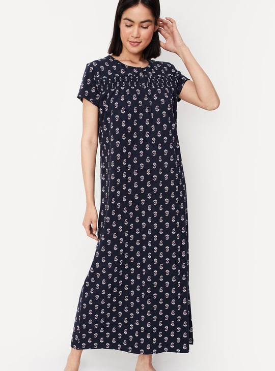 Women Printed Smocked Yoke Nightgown