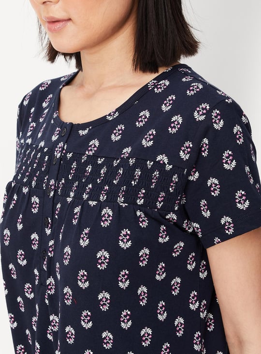 Women Printed Smocked Yoke Nightgown