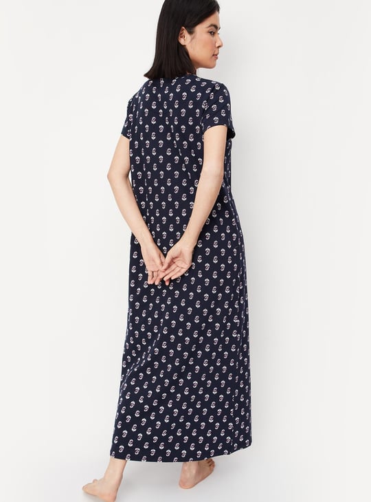 Women Printed Smocked Yoke Nightgown