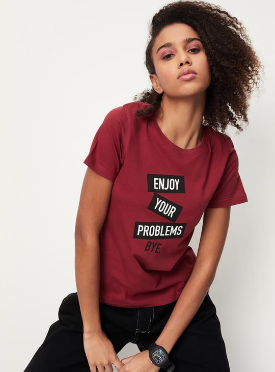 Women Slogan Printed Round Neck T-shirt